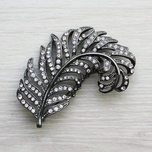 Beautiful Dark Gray Feather Plume Brooch Pin with Rhinestone Crystal Accents
